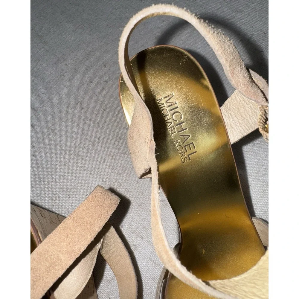 Michael Kors‎ MK Women's Sz 9 Suede Leather Cork Wedge Heels Sandals Tan Taupe